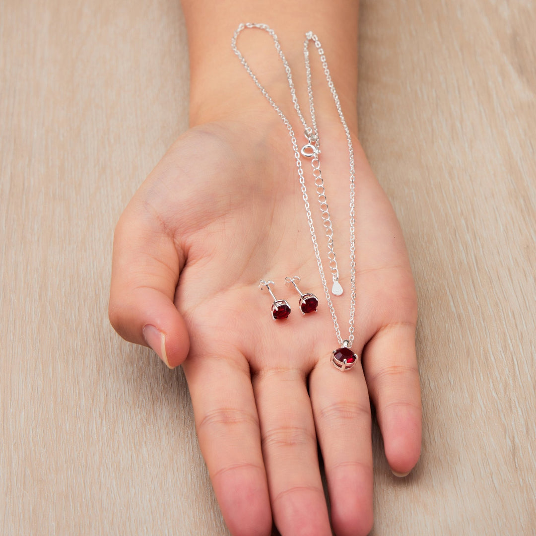 Sterling Silver January (Garnet) Birthstone Necklace & Earrings Set Created with Zircondia® Crystals - Philip Jones Jewellery
