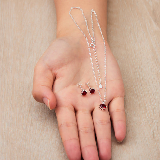 Sterling Silver January (Garnet) Birthstone Necklace & Earrings Set Created with Zircondia® Crystals - Philip Jones Jewellery