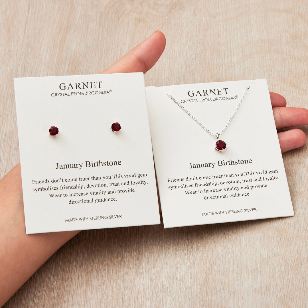 Sterling Silver January (Garnet) Birthstone Necklace & Earrings Set Created with Zircondia® Crystals - Philip Jones Jewellery
