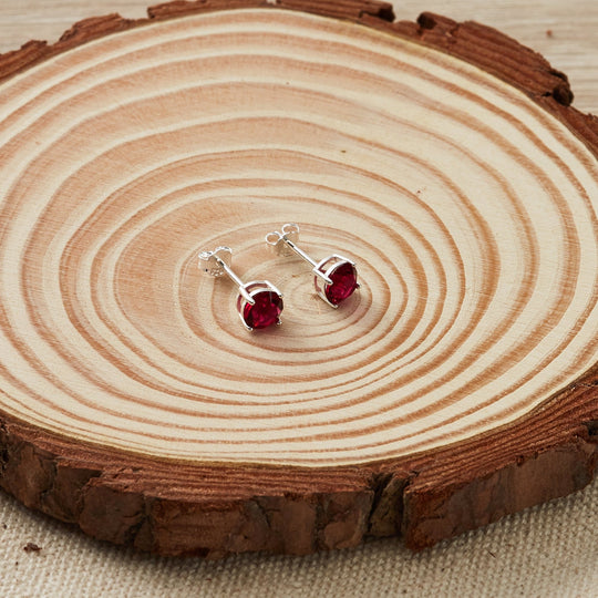 Sterling Silver July (Ruby) Birthstone Earrings Created with Zircondia® Crystals - Philip Jones Jewellery