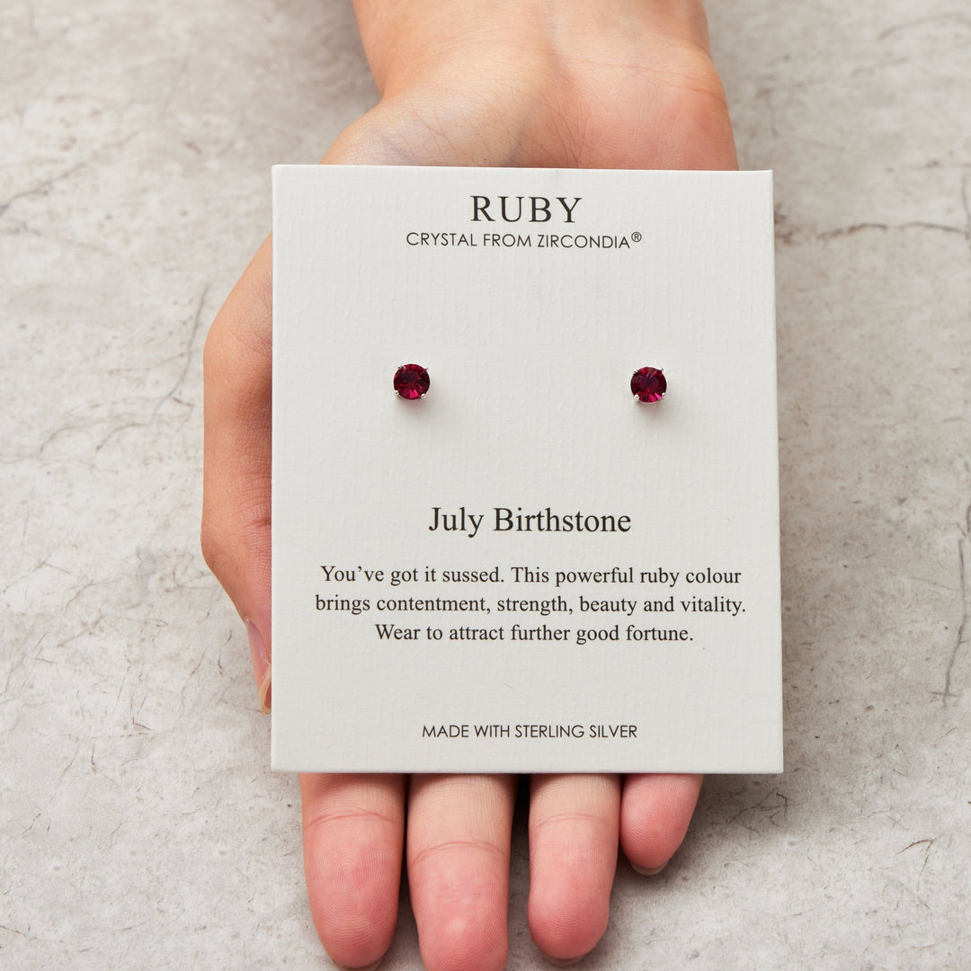 Sterling Silver July (Ruby) Birthstone Earrings Created with Zircondia® Crystals - Philip Jones Jewellery