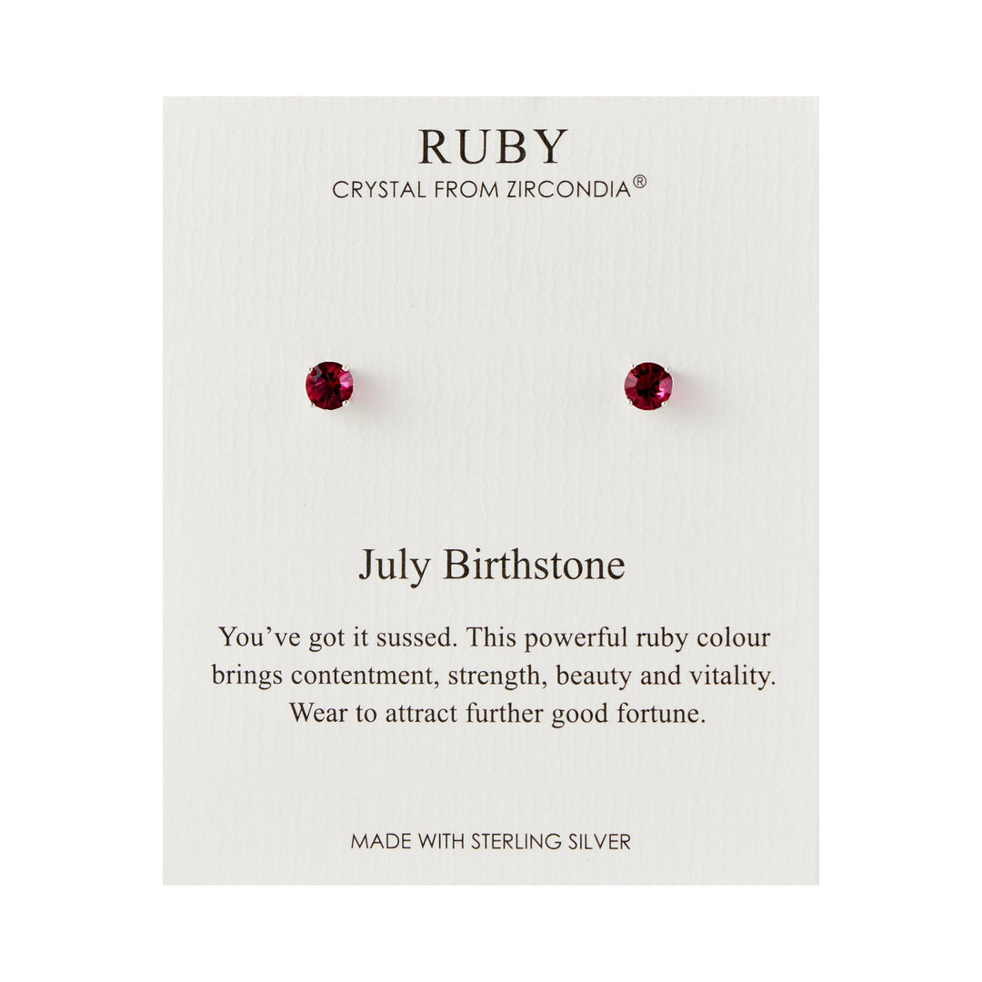Sterling Silver July (Ruby) Birthstone Earrings Created with Zircondia® Crystals - Philip Jones Jewellery