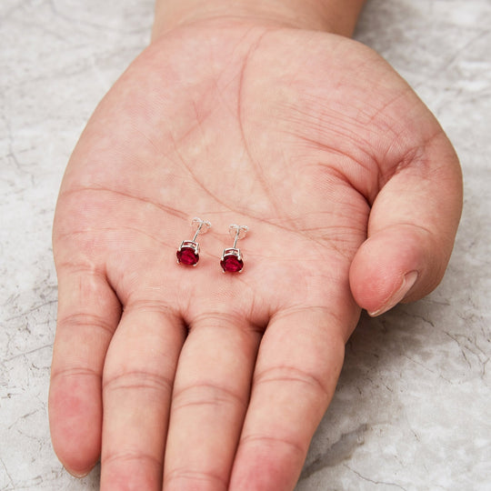 Sterling Silver July (Ruby) Birthstone Earrings Created with Zircondia® Crystals - Philip Jones Jewellery