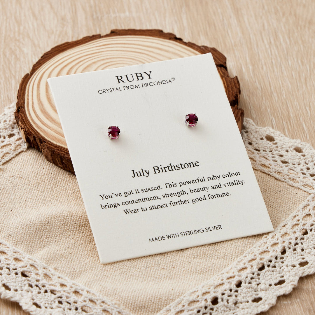 Sterling Silver July (Ruby) Birthstone Earrings Created with Zircondia® Crystals - Philip Jones Jewellery
