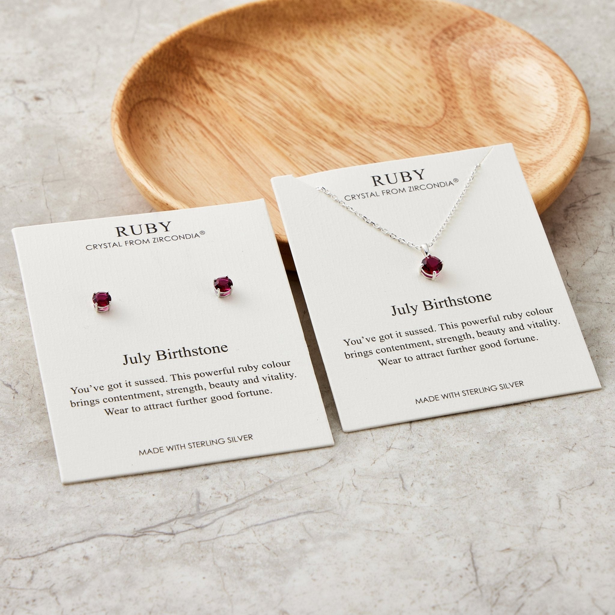 Sterling Silver July (Ruby) Birthstone Necklace & Earrings Set Created with Zircondia® Crystals - Philip Jones Jewellery