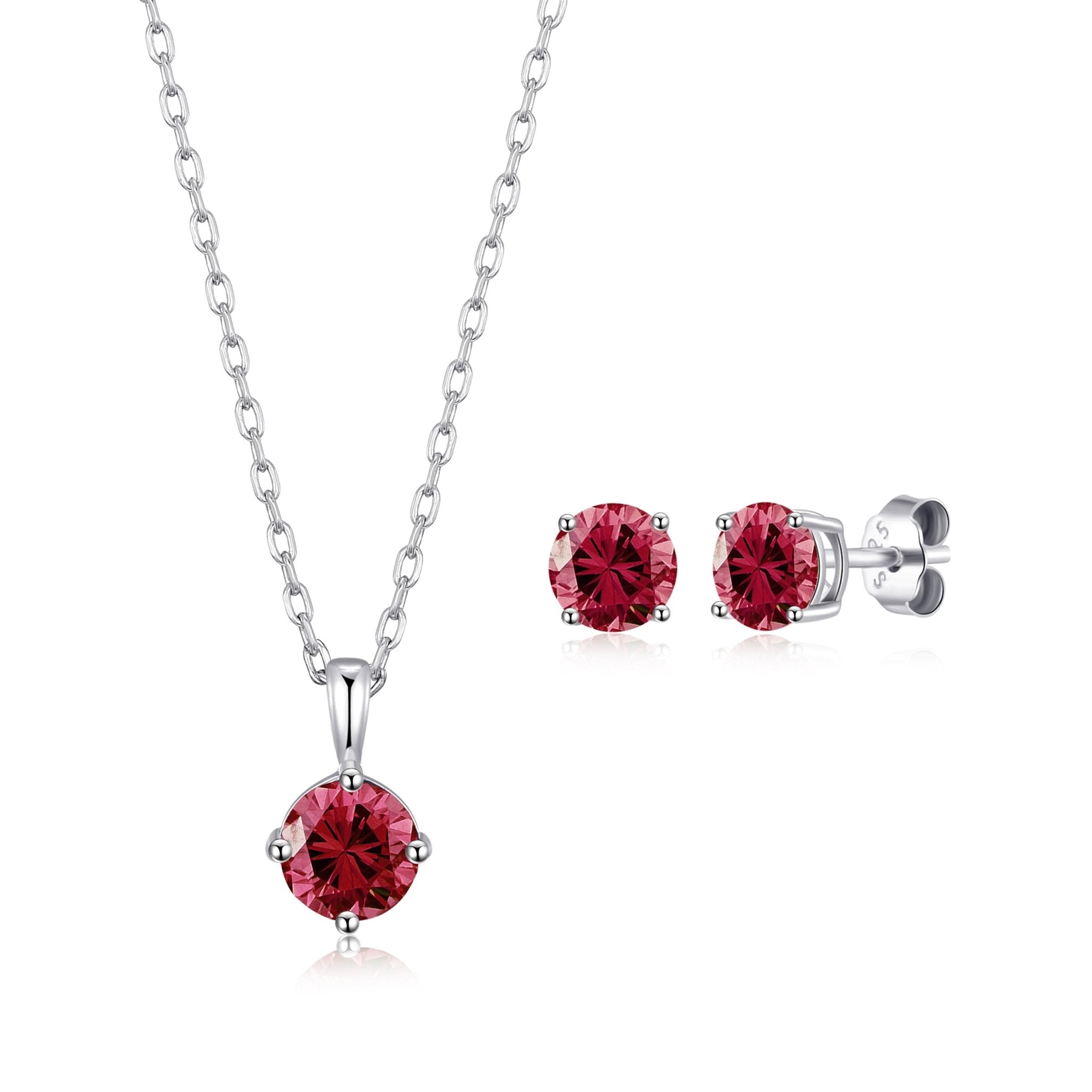 Sterling Silver July (Ruby) Birthstone Necklace & Earrings Set Created with Zircondia® Crystals - Philip Jones Jewellery