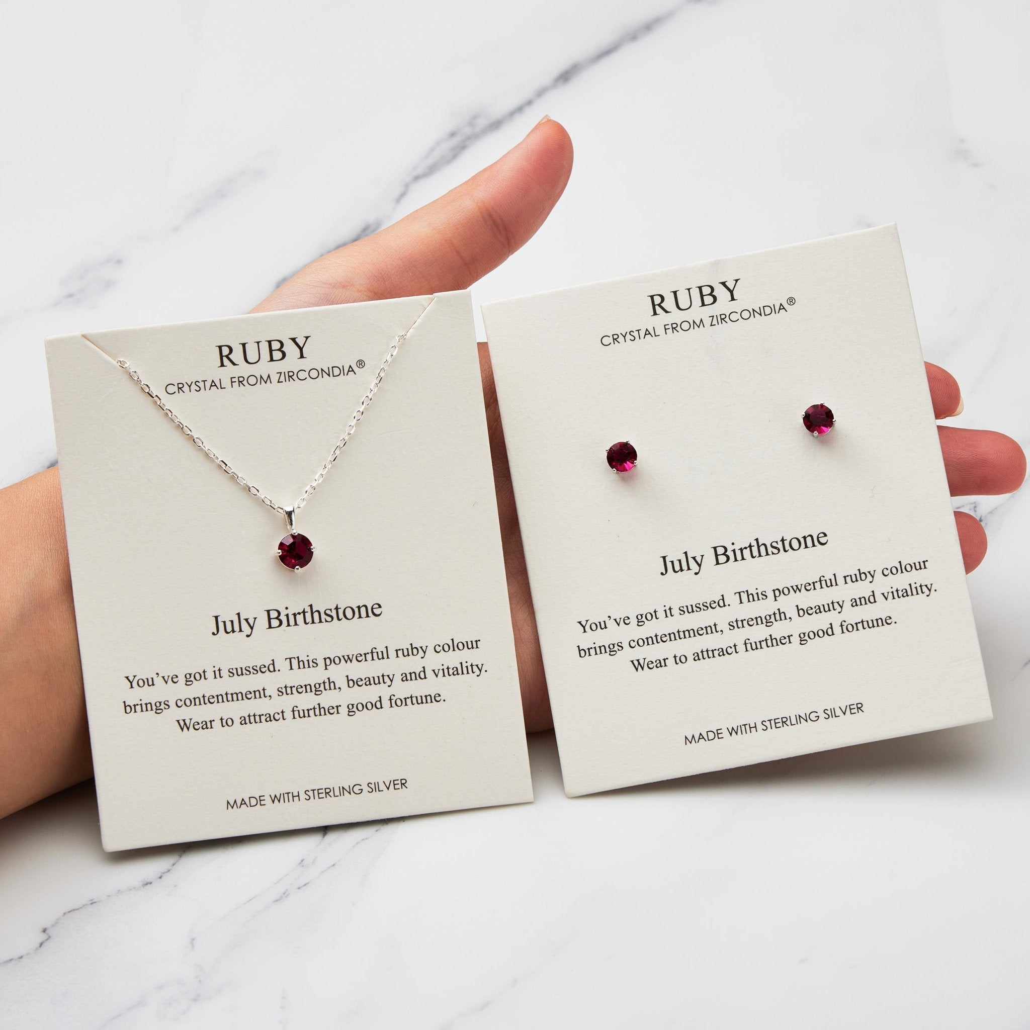 Sterling Silver July (Ruby) Birthstone Necklace & Earrings Set Created with Zircondia® Crystals - Philip Jones Jewellery