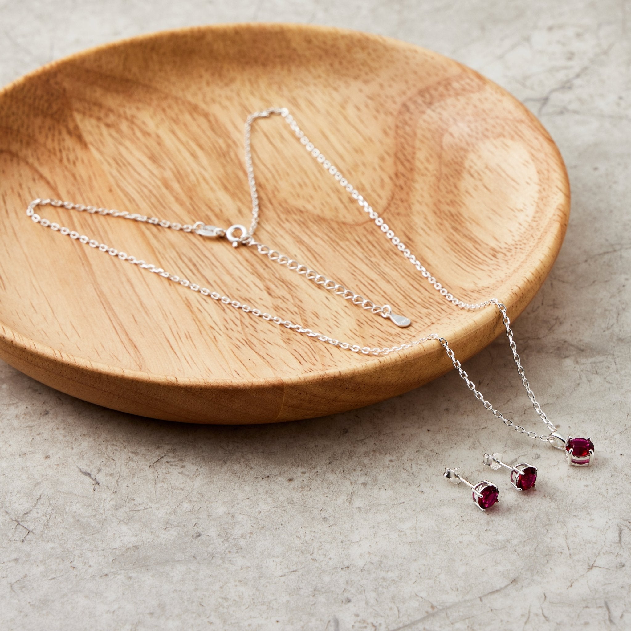 Sterling Silver July (Ruby) Birthstone Necklace & Earrings Set Created with Zircondia® Crystals - Philip Jones Jewellery