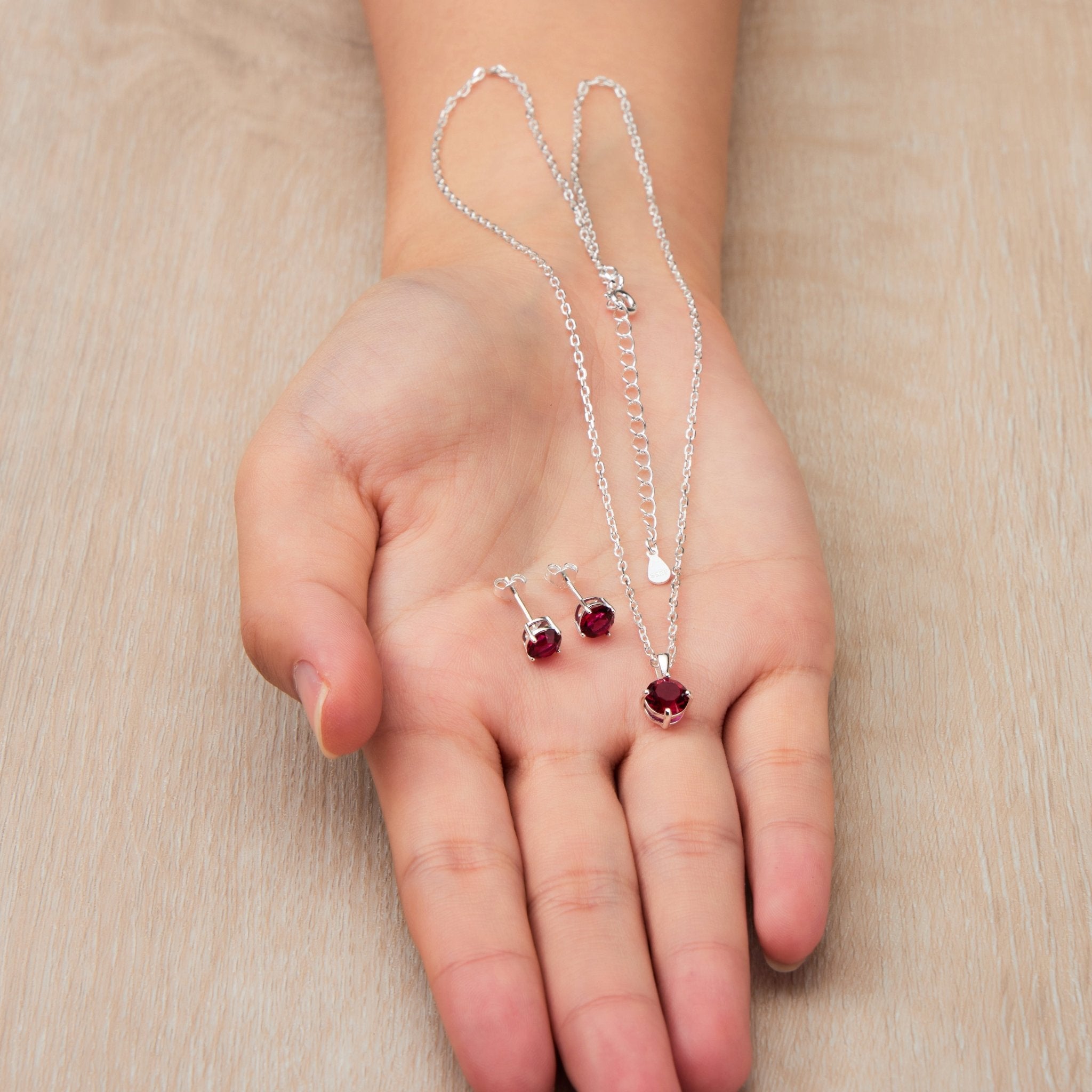 Sterling Silver July (Ruby) Birthstone Necklace & Earrings Set Created with Zircondia® Crystals - Philip Jones Jewellery