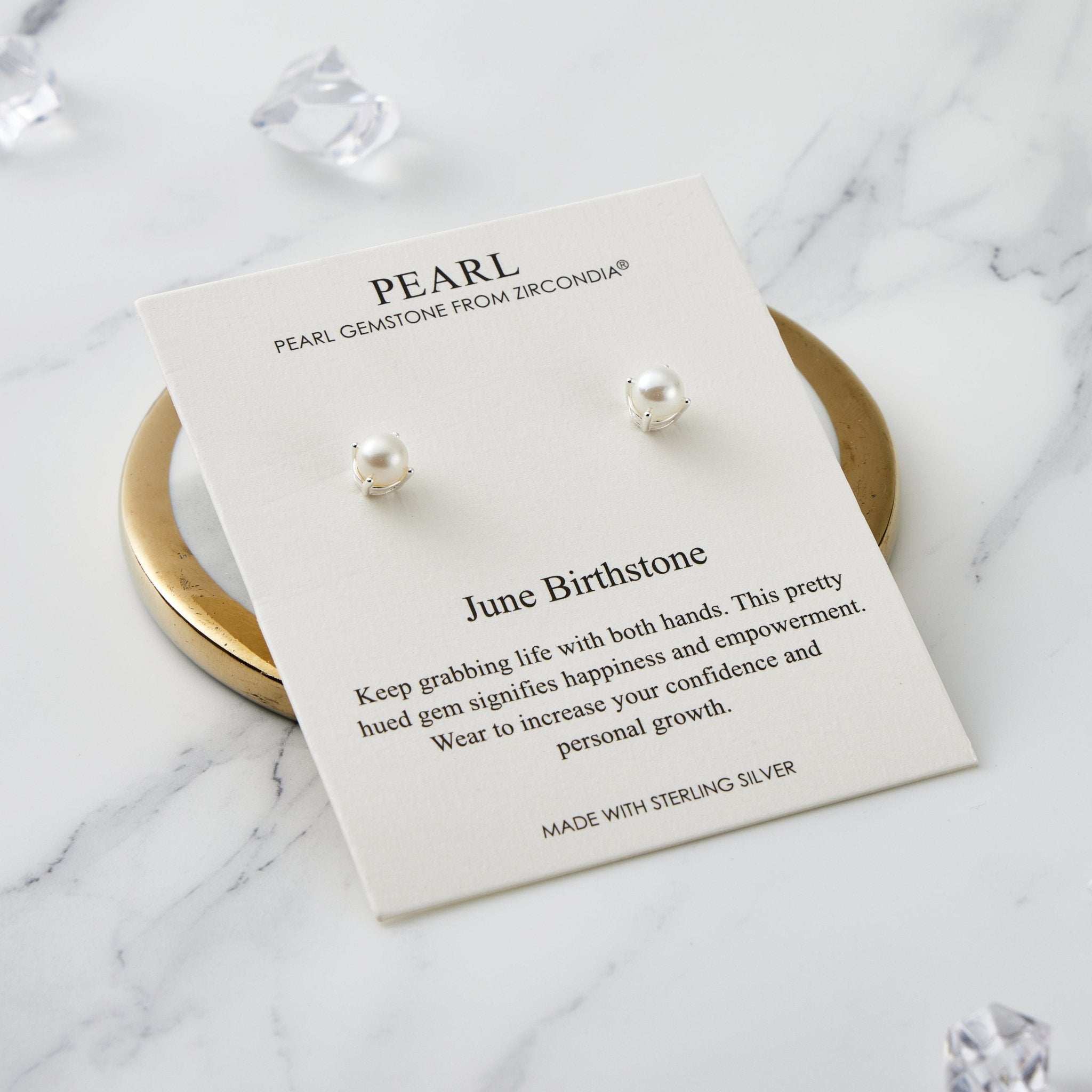 Sterling Silver June (Pearl) Birthstone Earrings Created with Gemstones from Zircondia® - Philip Jones Jewellery