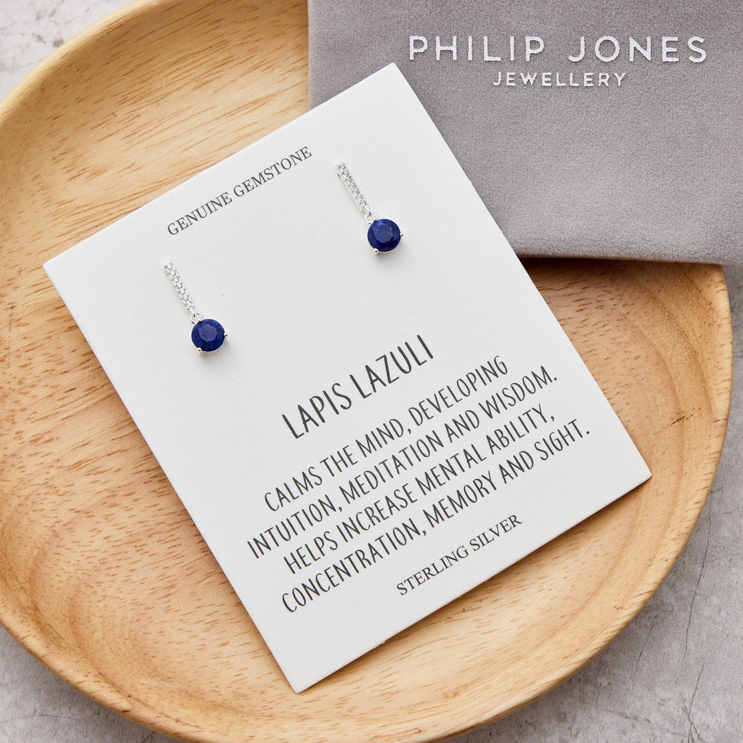 Sterling Silver Lapis Gemstone Drop Earrings with Quote Card - Philip Jones Jewellery
