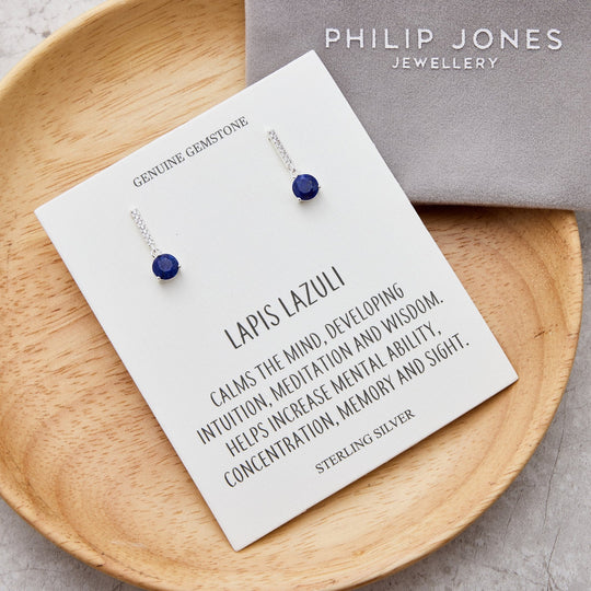 Sterling Silver Lapis Gemstone Drop Earrings with Quote Card - Philip Jones Jewellery