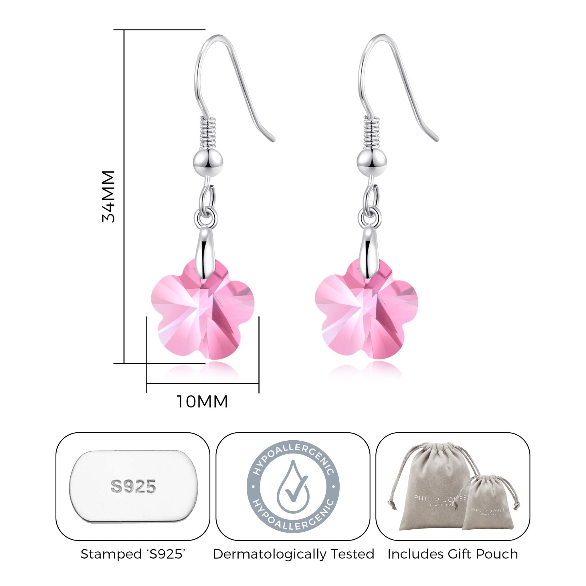 Sterling Silver Light Rose Flower Earrings Created with Zircondia® Crystals - Philip Jones Jewellery