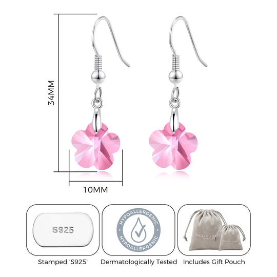 Sterling Silver Light Rose Flower Earrings Created with Zircondia® Crystals - Philip Jones Jewellery