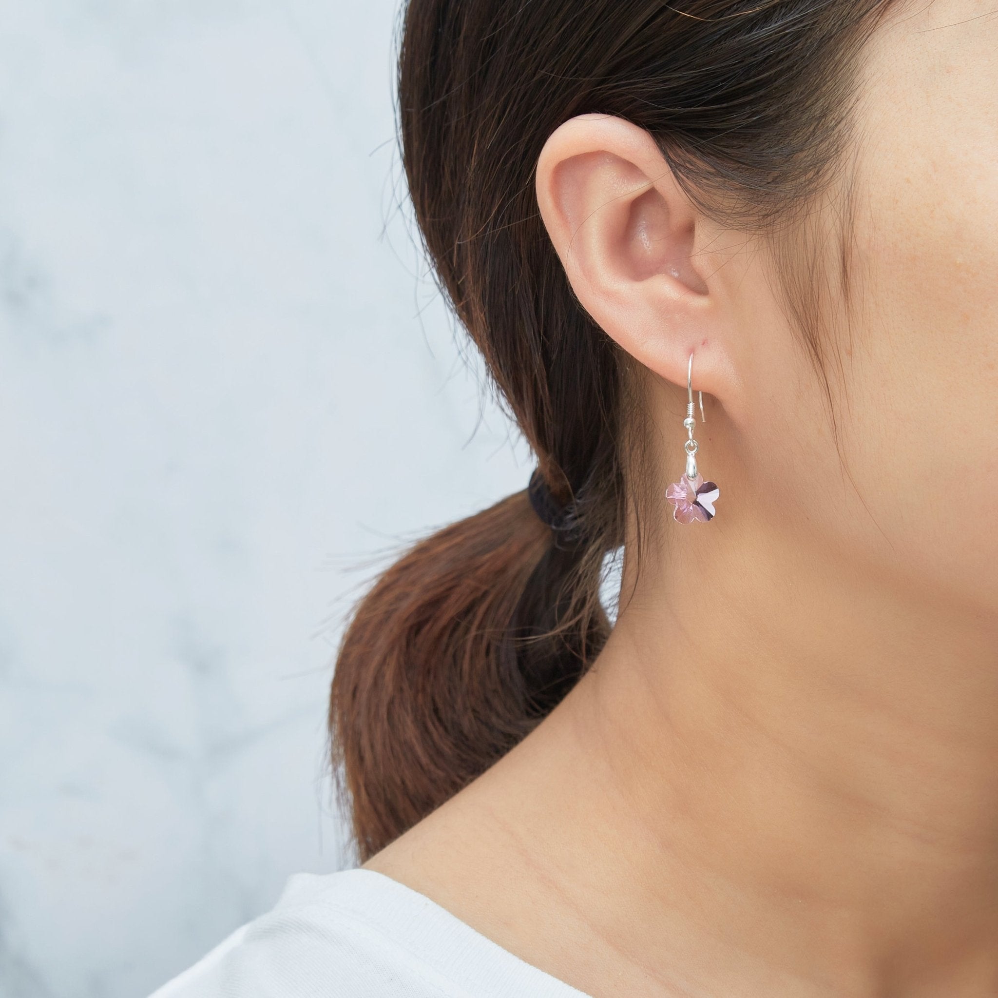 Sterling Silver Light Rose Flower Earrings Created with Zircondia® Crystals - Philip Jones Jewellery