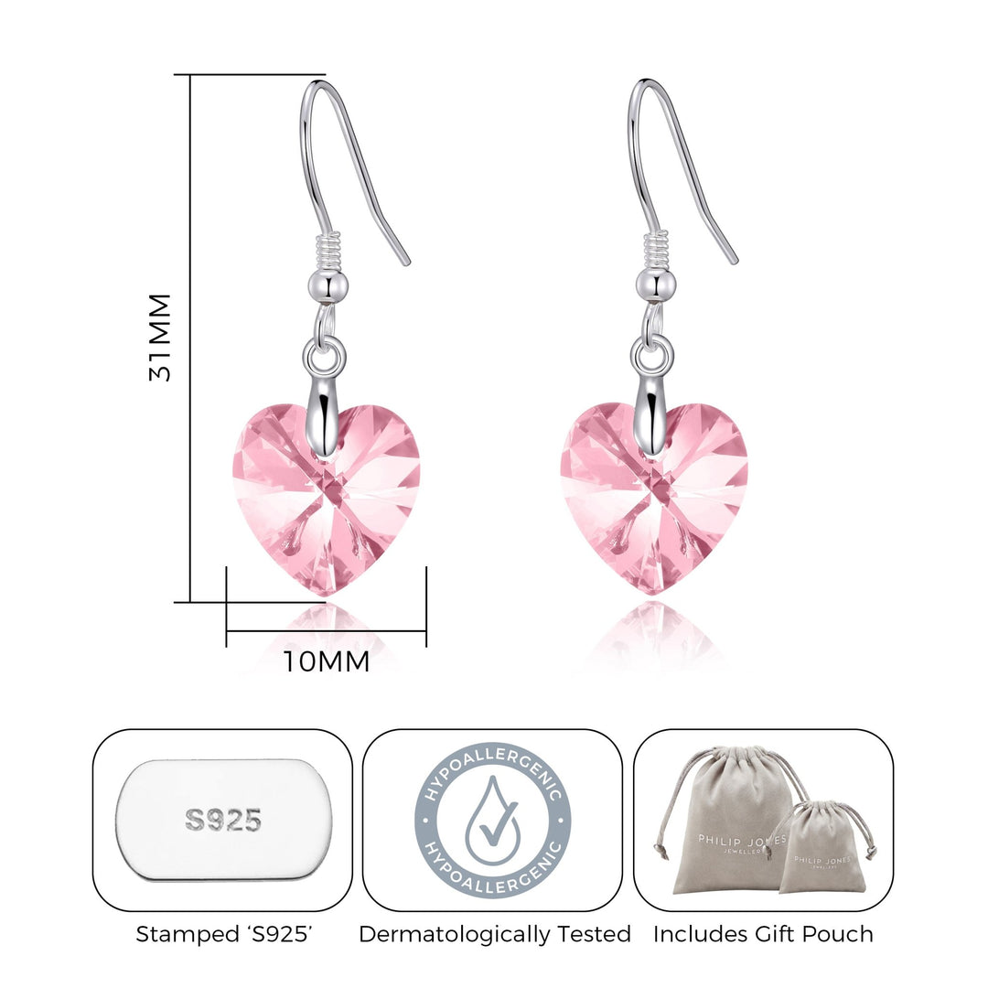 Sterling Silver Light Rose Heart Earrings Created with Zircondia® Crystals - Philip Jones Jewellery