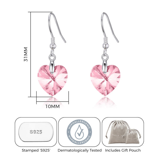 Sterling Silver Light Rose Heart Earrings Created with Zircondia® Crystals - Philip Jones Jewellery