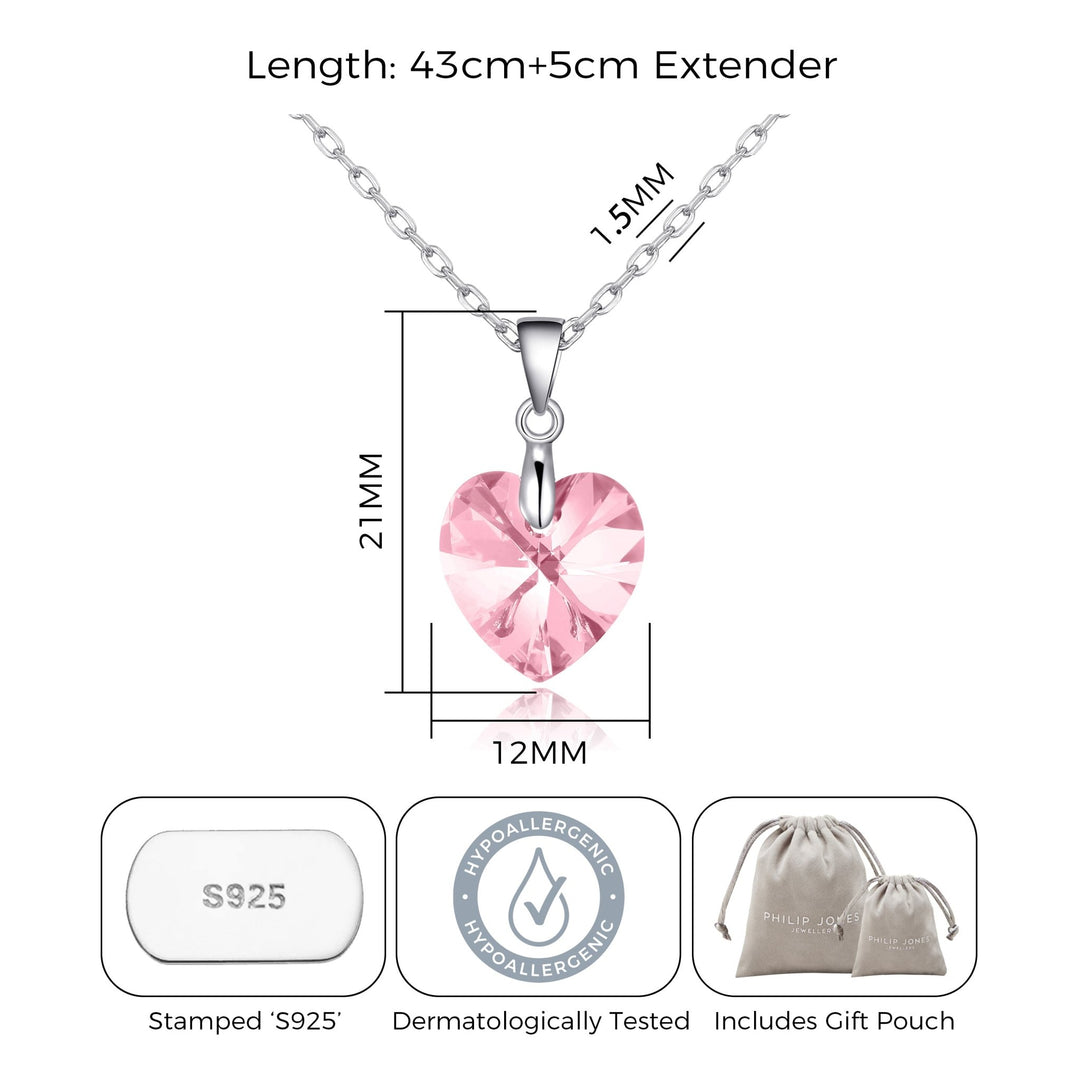 Sterling Silver Light Rose Heart Necklace Created with Zircondia® Crystals - Philip Jones Jewellery