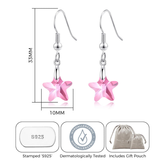 Sterling Silver Light Rose Star Earrings Created with Zircondia® Crystals - Philip Jones Jewellery
