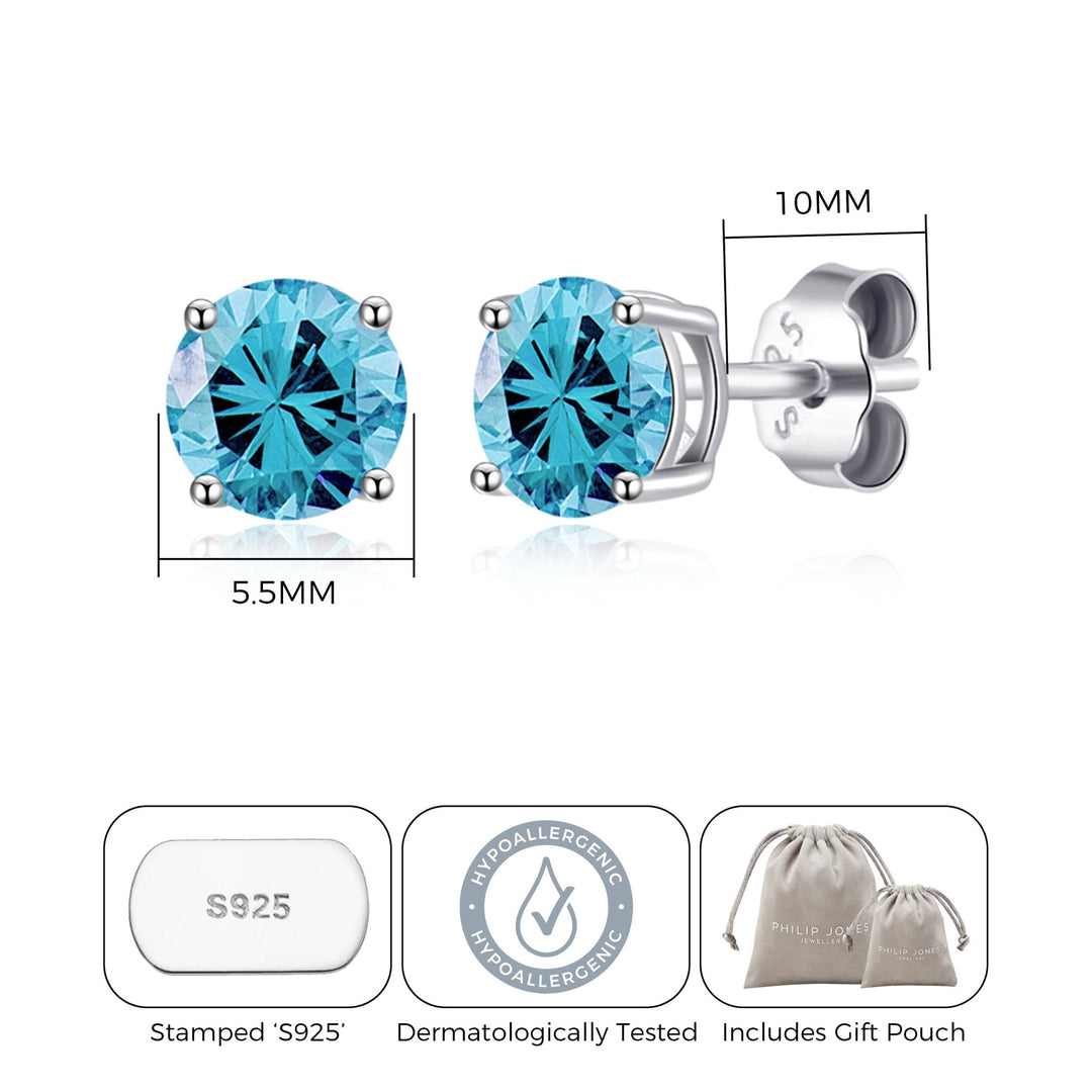 Sterling Silver March (Aquamarine) Birthstone Earrings Created with Zircondia® Crystals - Philip Jones Jewellery