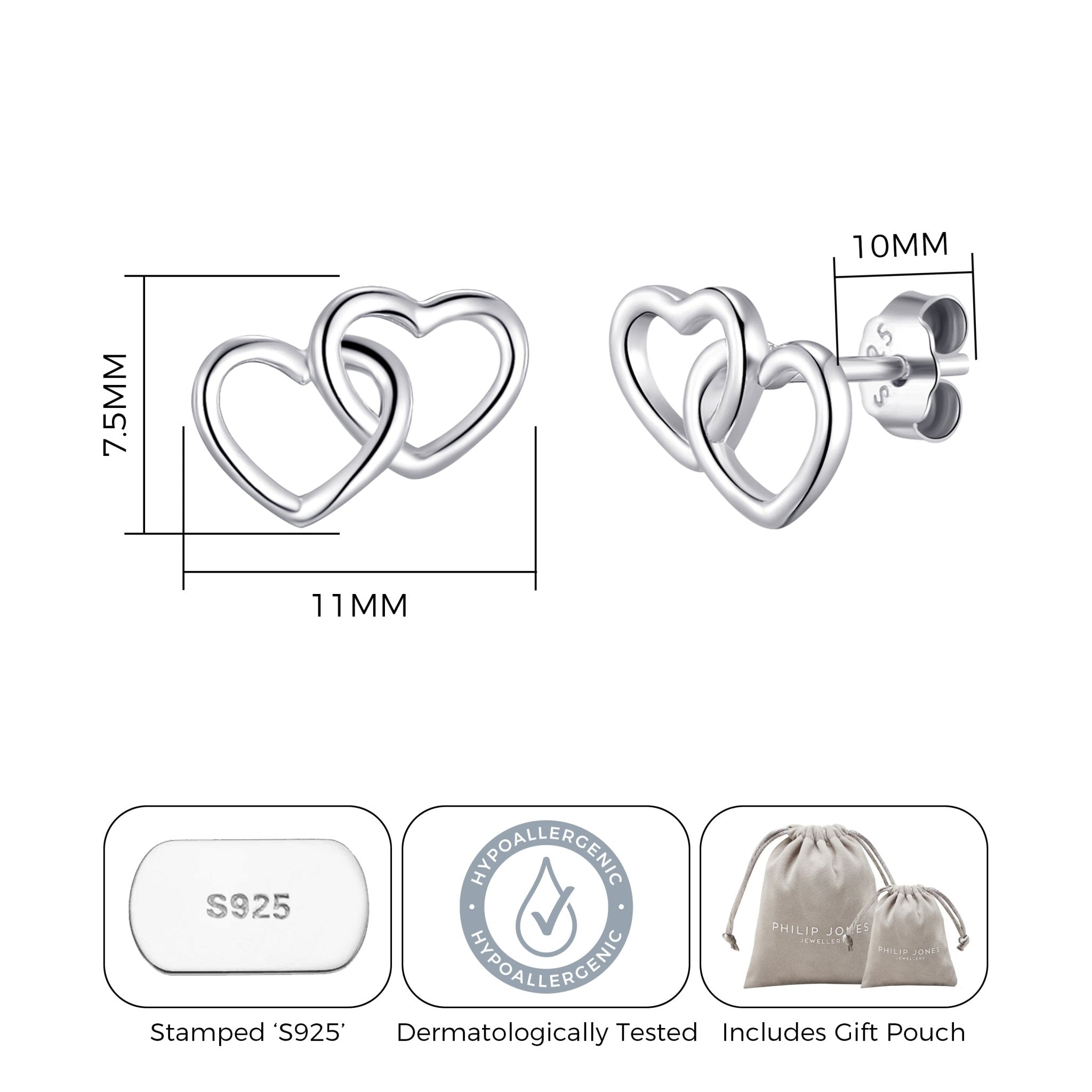 Sterling Silver Nan Quote Heart Link Earrings - Philip Jones Jewellery