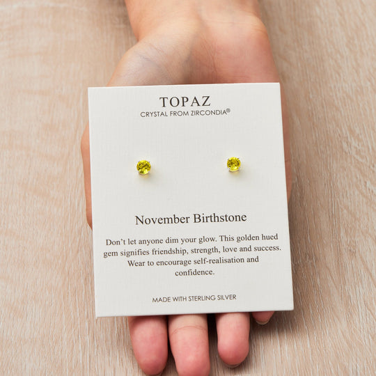 Sterling Silver November (Topaz) Birthstone Earrings Created with Zircondia® Crystals - Philip Jones Jewellery
