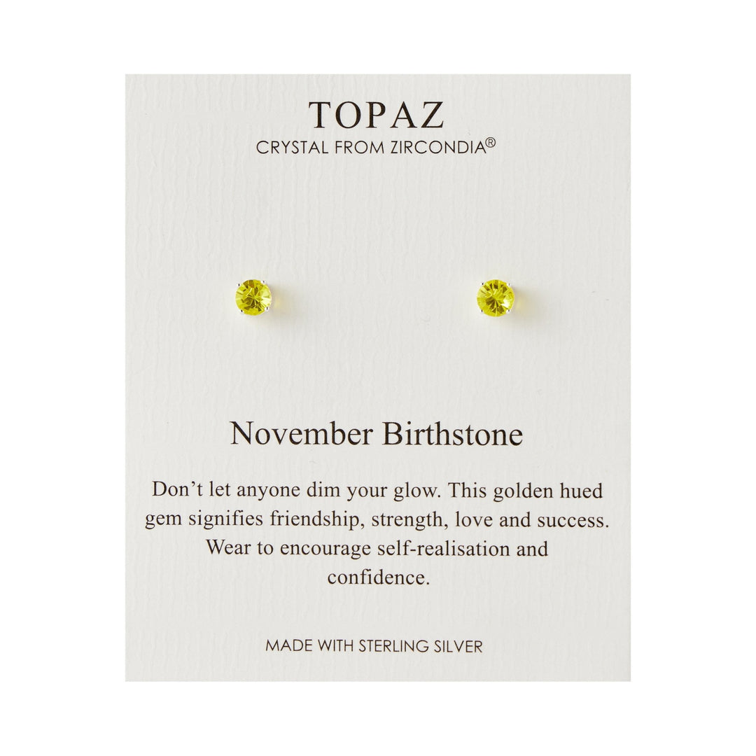 Sterling Silver November (Topaz) Birthstone Earrings Created with Zircondia® Crystals - Philip Jones Jewellery