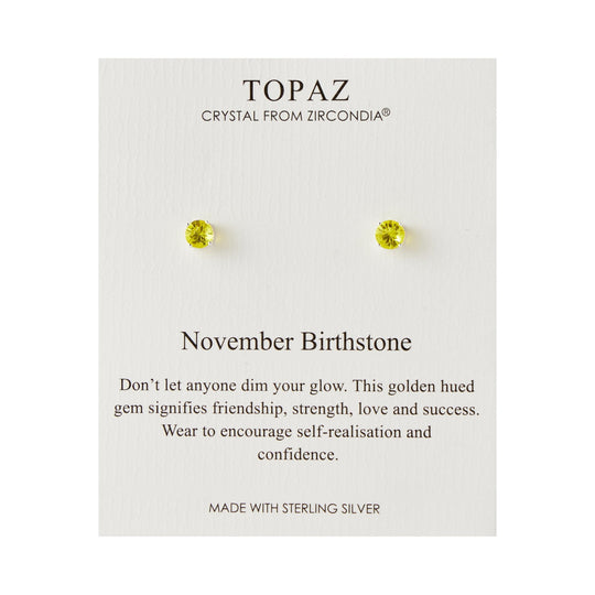 Sterling Silver November (Topaz) Birthstone Earrings Created with Zircondia® Crystals - Philip Jones Jewellery