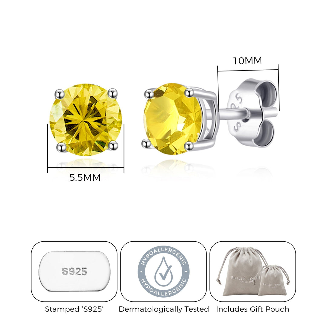 Sterling Silver November (Topaz) Birthstone Earrings Created with Zircondia® Crystals - Philip Jones Jewellery