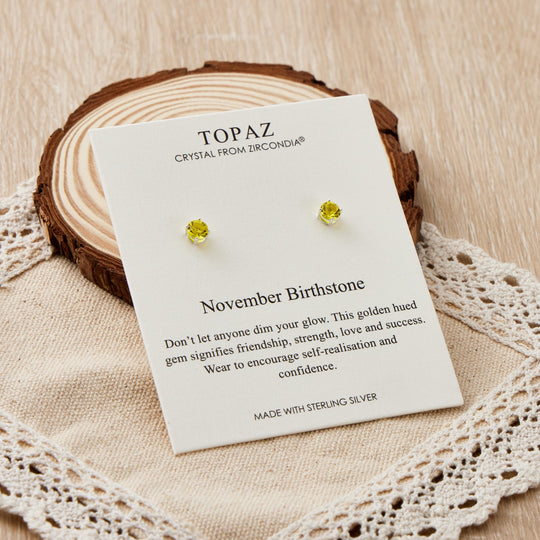 Sterling Silver November (Topaz) Birthstone Earrings Created with Zircondia® Crystals - Philip Jones Jewellery