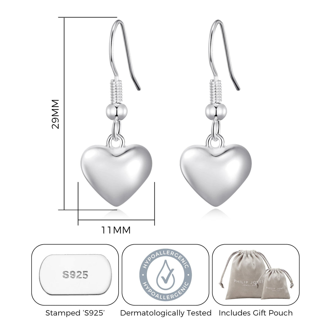 Sterling Silver Puffed Heart Drop Earrings - Philip Jones Jewellery