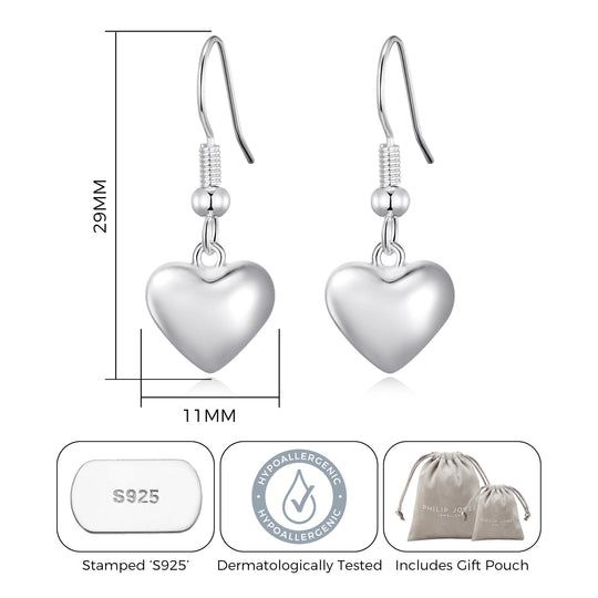 Sterling Silver Puffed Heart Drop Earrings - Philip Jones Jewellery