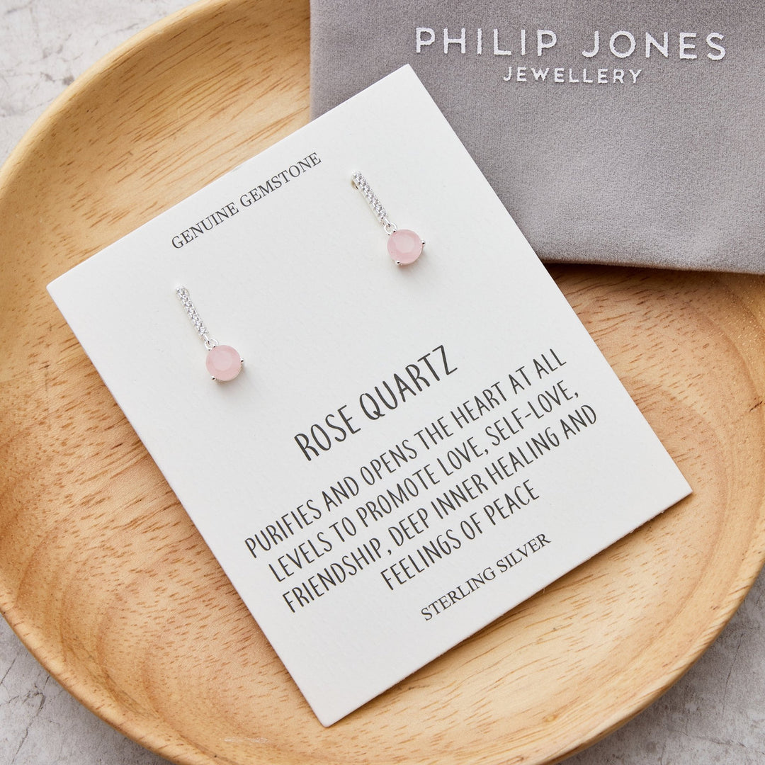 Sterling Silver Rose Quartz Gemstone Drop Earrings with Quote Card - Philip Jones Jewellery