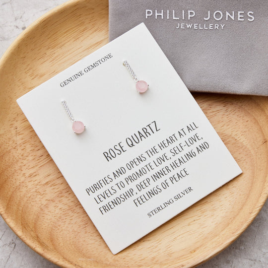 Sterling Silver Rose Quartz Gemstone Drop Earrings with Quote Card - Philip Jones Jewellery