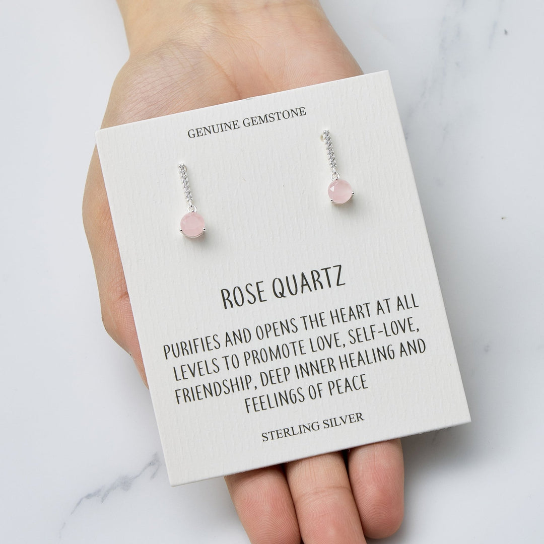 Sterling Silver Rose Quartz Gemstone Drop Earrings with Quote Card - Philip Jones Jewellery