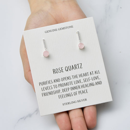 Sterling Silver Rose Quartz Gemstone Drop Earrings with Quote Card - Philip Jones Jewellery