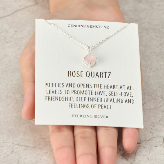 Sterling Silver Rose Quartz Gemstone Necklace with Quote Card - Philip Jones Jewellery