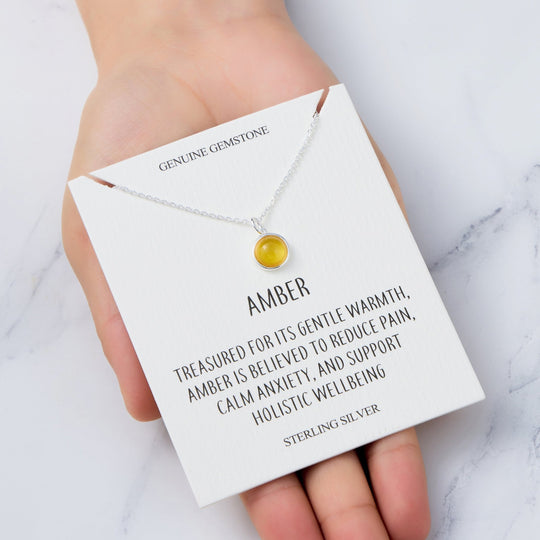 Sterling Silver Round Amber Necklace with Quote Card