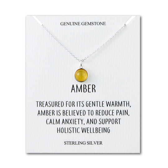 Sterling Silver Round Amber Necklace with Quote Card