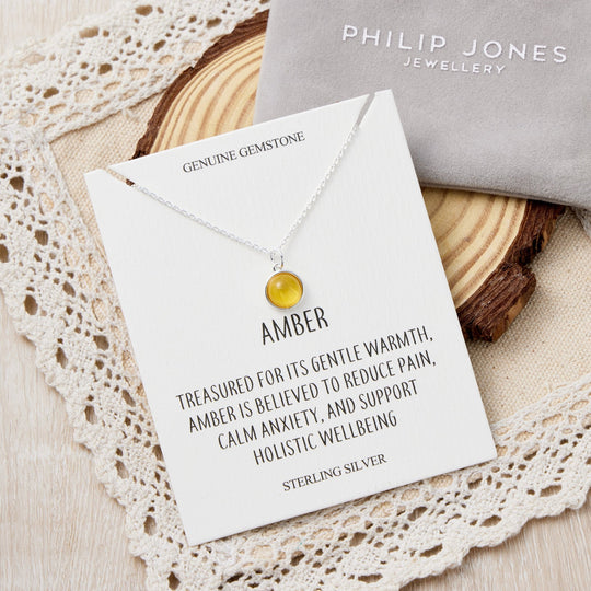 Sterling Silver Round Amber Necklace with Quote Card