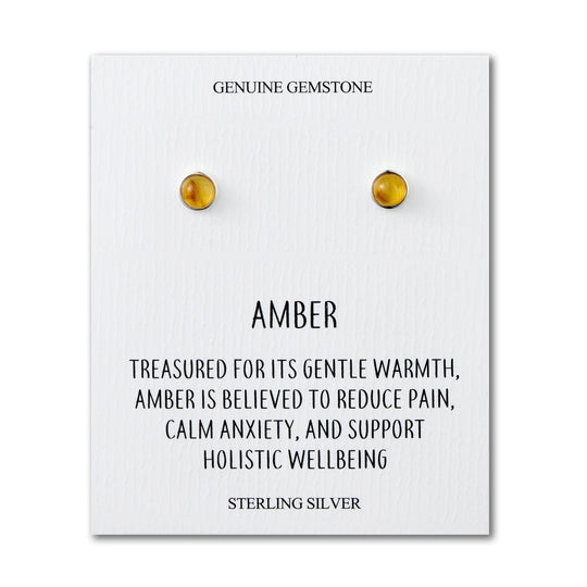 Sterling Silver Round Amber Stud Earrings with Quote Card