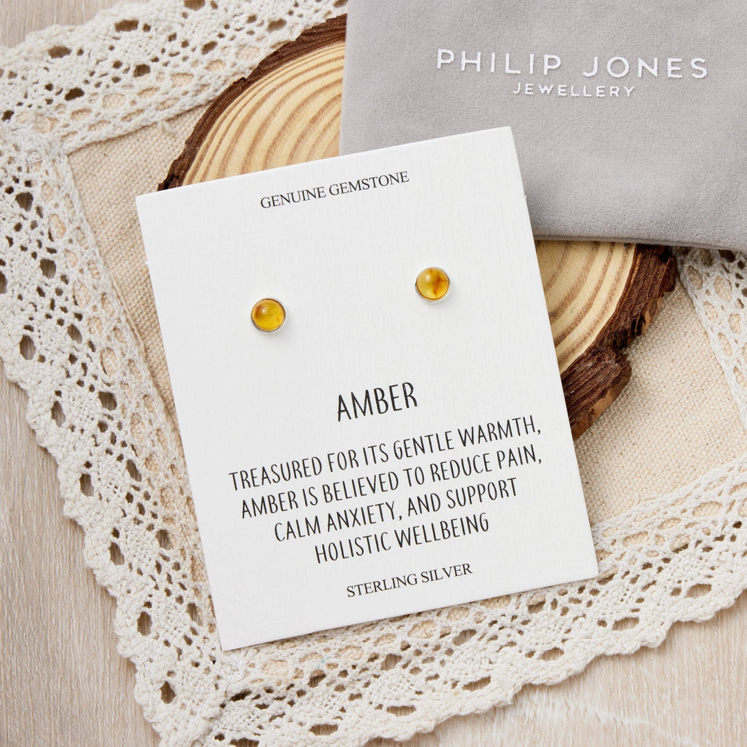Sterling Silver Round Amber Stud Earrings with Quote Card