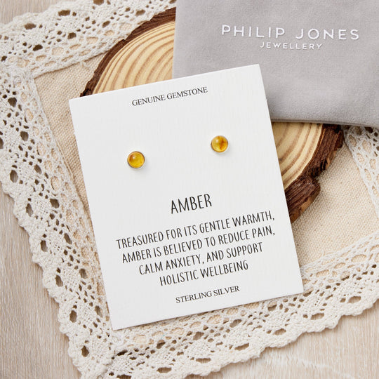 Sterling Silver Round Amber Stud Earrings with Quote Card