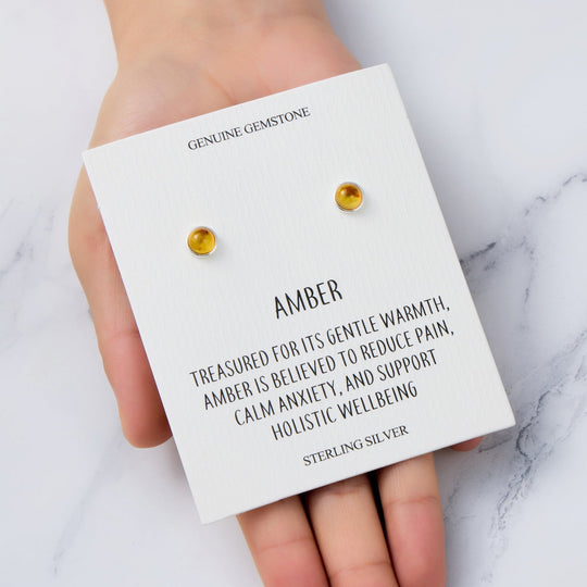Sterling Silver Round Amber Stud Earrings with Quote Card