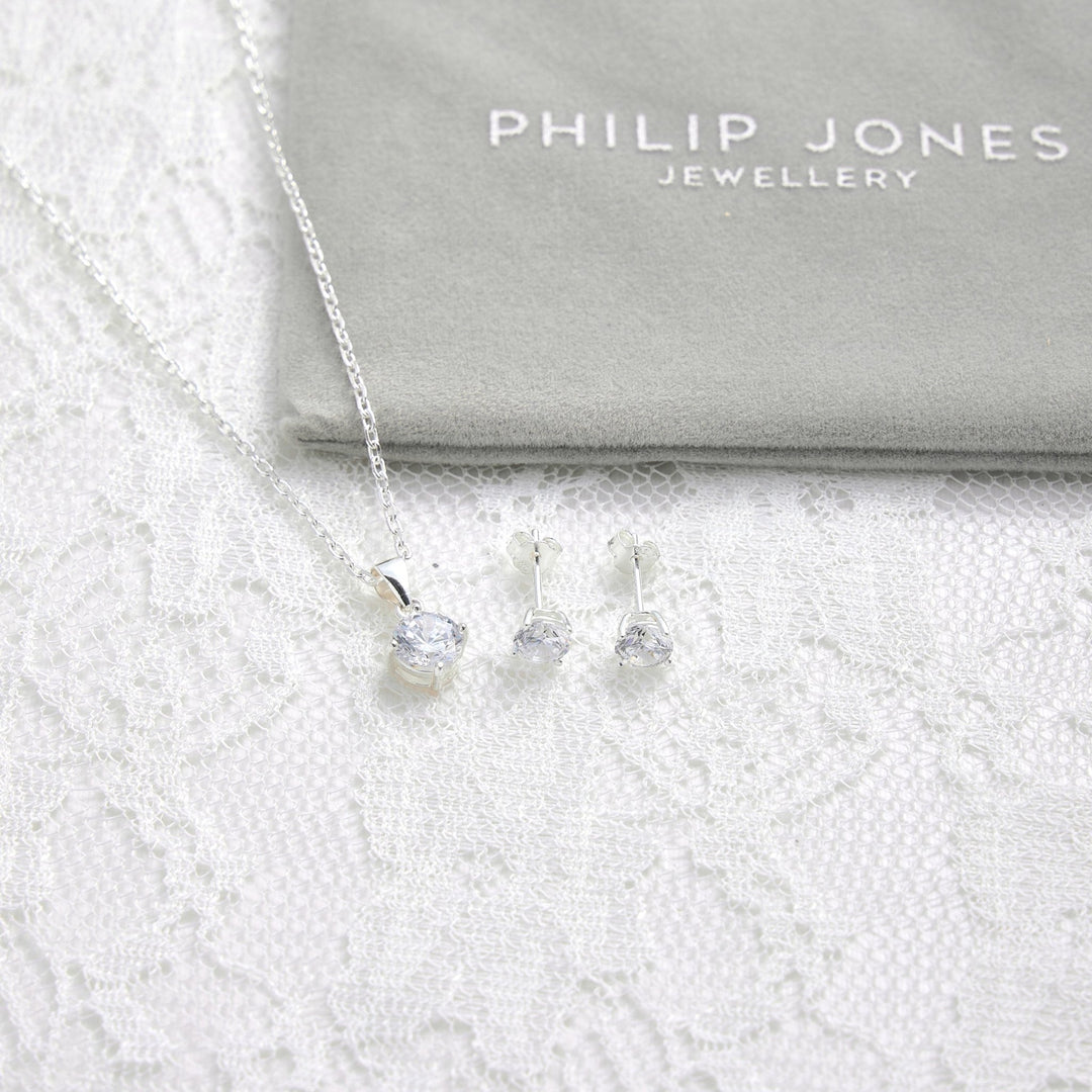 Sterling Silver Round Solitaire Bridal Set Created with Zircondia® Crystals - Philip Jones Jewellery