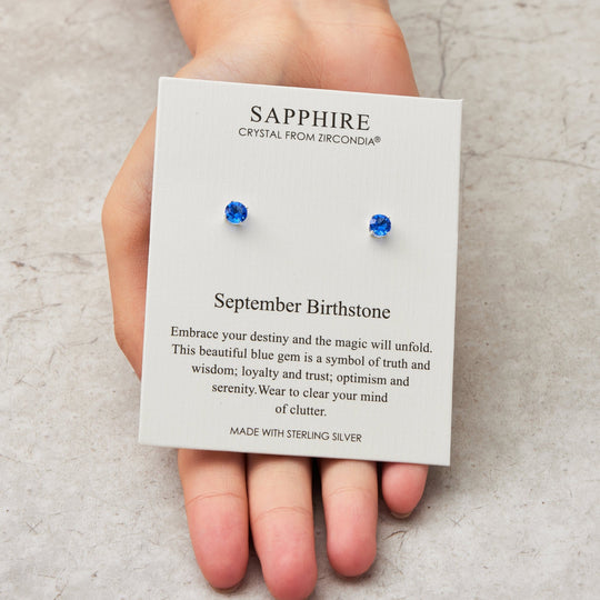 Sterling Silver September (Sapphire) Birthstone Earrings Created with Zircondia® Crystals - Philip Jones Jewellery