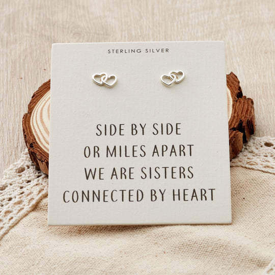 Sterling Silver Sister Heart Link Earrings with Quote Card - Philip Jones Jewellery
