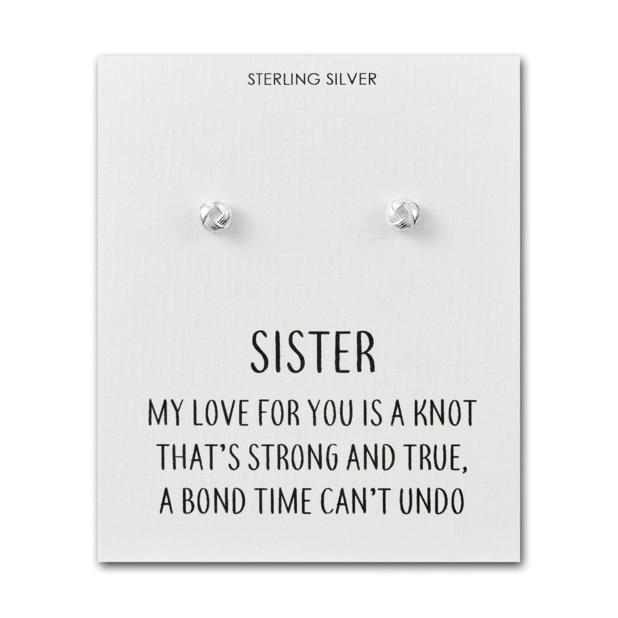 Sterling Silver Sister Quote Knot Earrings - Philip Jones Jewellery