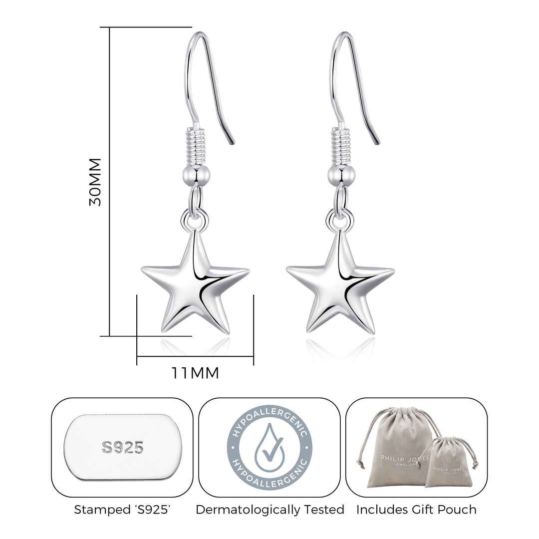 Sterling Silver Star Drop Earrings - Philip Jones Jewellery