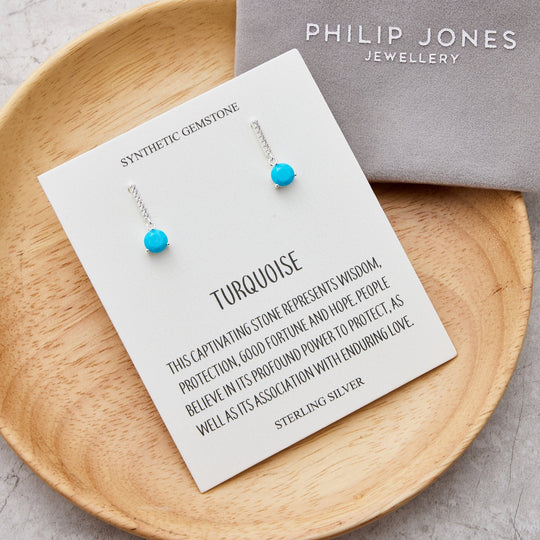 Sterling Silver Synthetic Turquoise Gemstone Drop Earrings with Quote Card - Philip Jones Jewellery